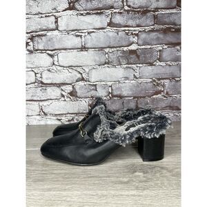 KMB Black Leather Gold Horsebit Fur lined Heel Mules Shoes Women Sz 39EU/8.5M US